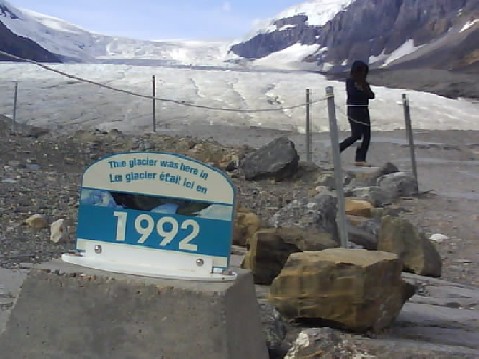 Alberta 095 Columbia Icefield Glacier, Marker shows how much it has receded.jpg